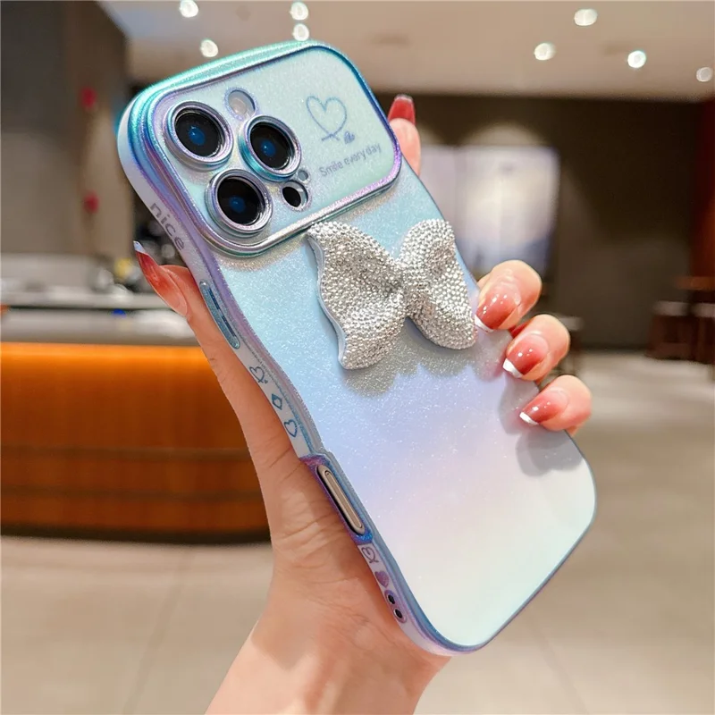 For iPhone 16 Pro Case Wave Edge Bow Decorated Soft TPU Phone Back Cover with Heart Pattern - Blue