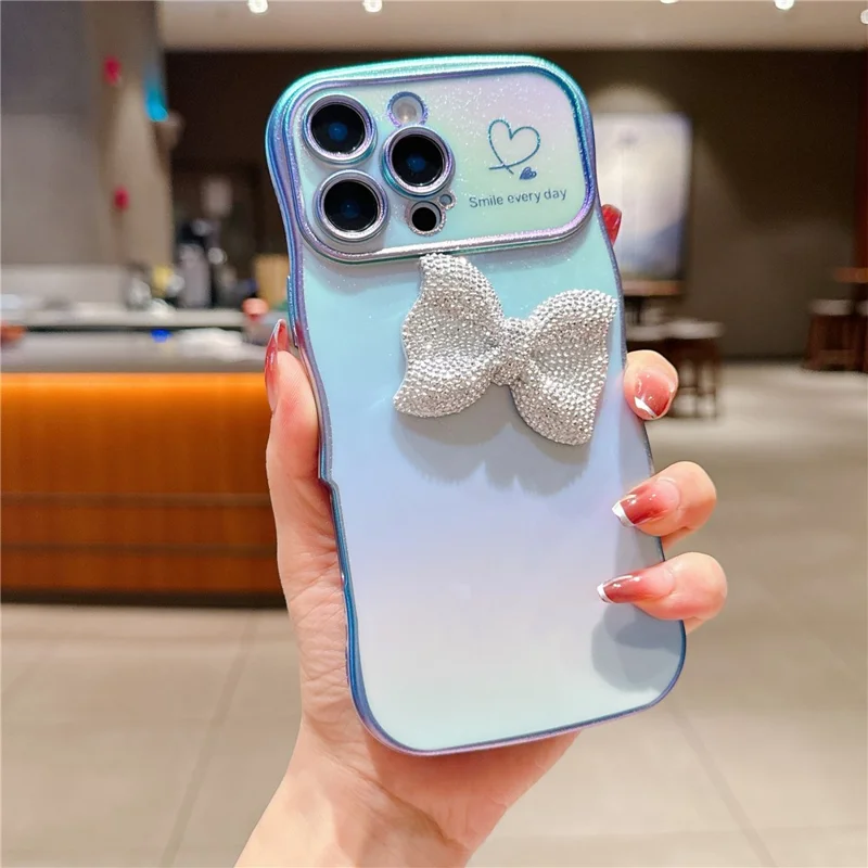 For iPhone 16 Pro Case Wave Edge Bow Decorated Soft TPU Phone Back Cover with Heart Pattern - Blue