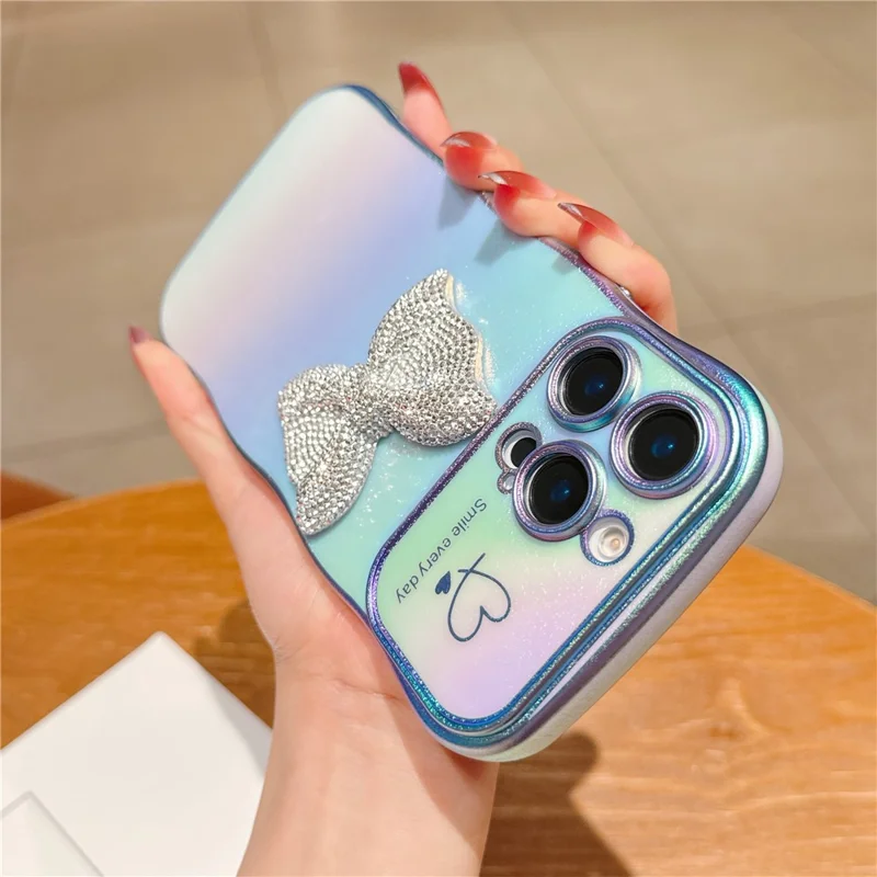 For iPhone 16 Pro Case Wave Edge Bow Decorated Soft TPU Phone Back Cover with Heart Pattern - Blue