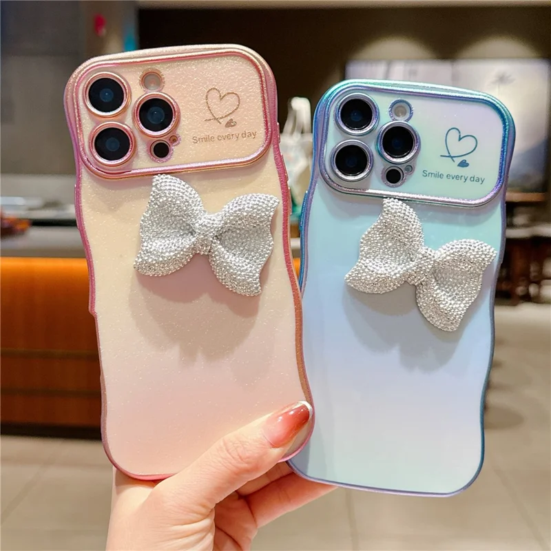 For iPhone 16 Pro Case Wave Edge Bow Decorated Soft TPU Phone Back Cover with Heart Pattern - Blue