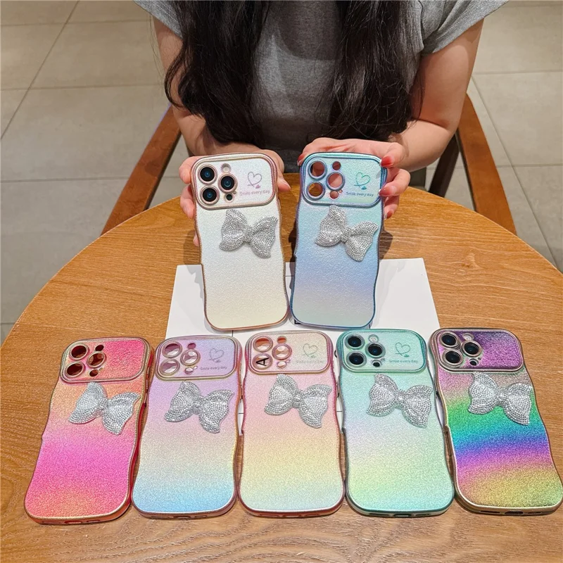 For iPhone 16 Pro Case Wave Edge Bow Decorated Soft TPU Phone Back Cover with Heart Pattern - Blue