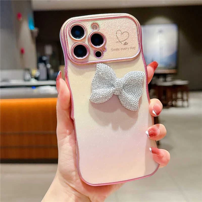 For iPhone 16 Pro Case Wave Edge Bow Decorated Soft TPU Phone Back Cover with Heart Pattern - Pink