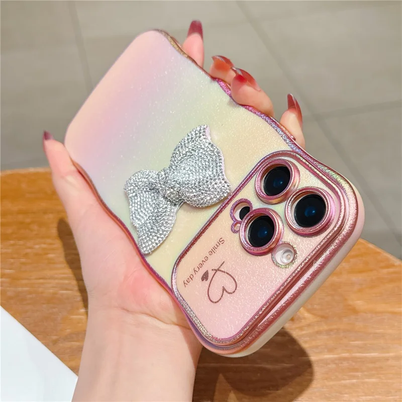 For iPhone 16 Pro Case Wave Edge Bow Decorated Soft TPU Phone Back Cover with Heart Pattern - Pink