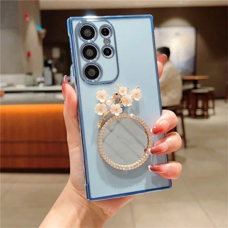 For Samsung Galaxy S25 Ultra Case with Plum Blossom Mirror Electroplating Edge Heart Pattern TPU Phone Cover - Blue
