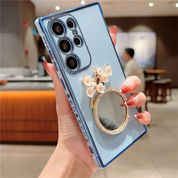 For Samsung Galaxy S25 Ultra Case with Plum Blossom Mirror Electroplating Edge Heart Pattern TPU Phone Cover - Blue