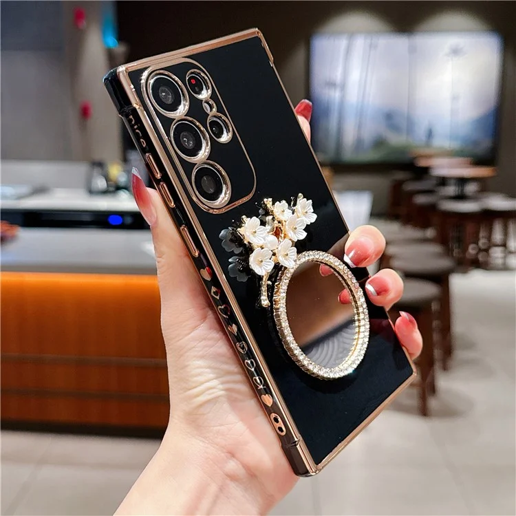 For Samsung Galaxy S24 Ultra Case with Plum Blossom Mirror Electroplating Edge Heart Pattern TPU Phone Cover - Black