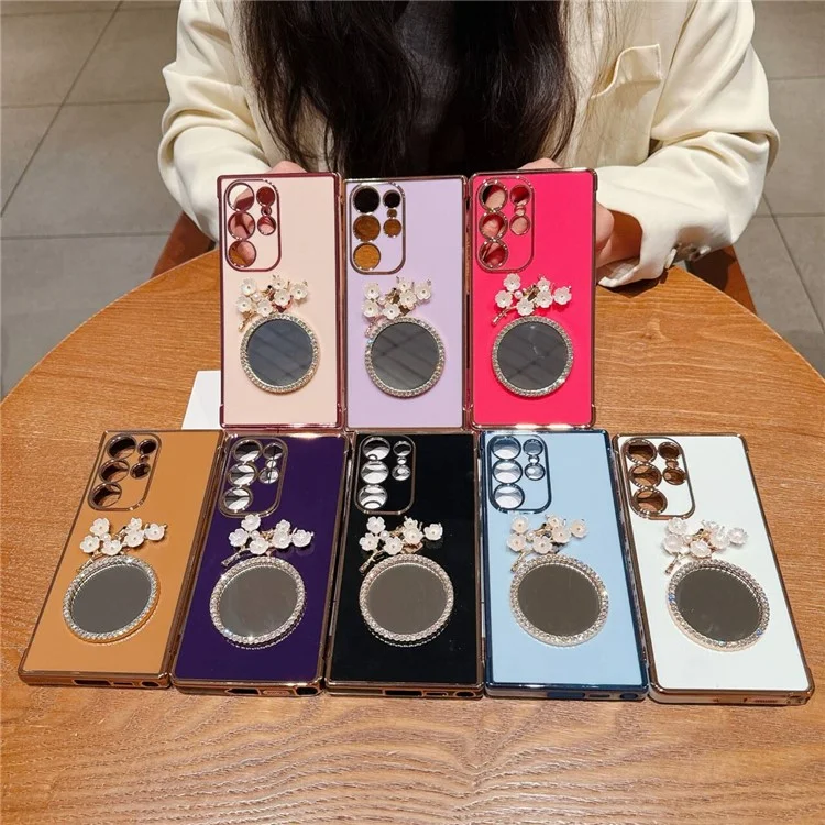 For Samsung Galaxy S24 Ultra Case with Plum Blossom Mirror Electroplating Edge Heart Pattern TPU Phone Cover - Black