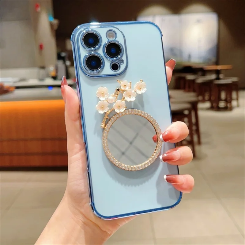 For iPhone 16 Pro Max Case with Plum Blossom Mirror Electroplating Edge Heart Pattern TPU Phone Cover - Blue