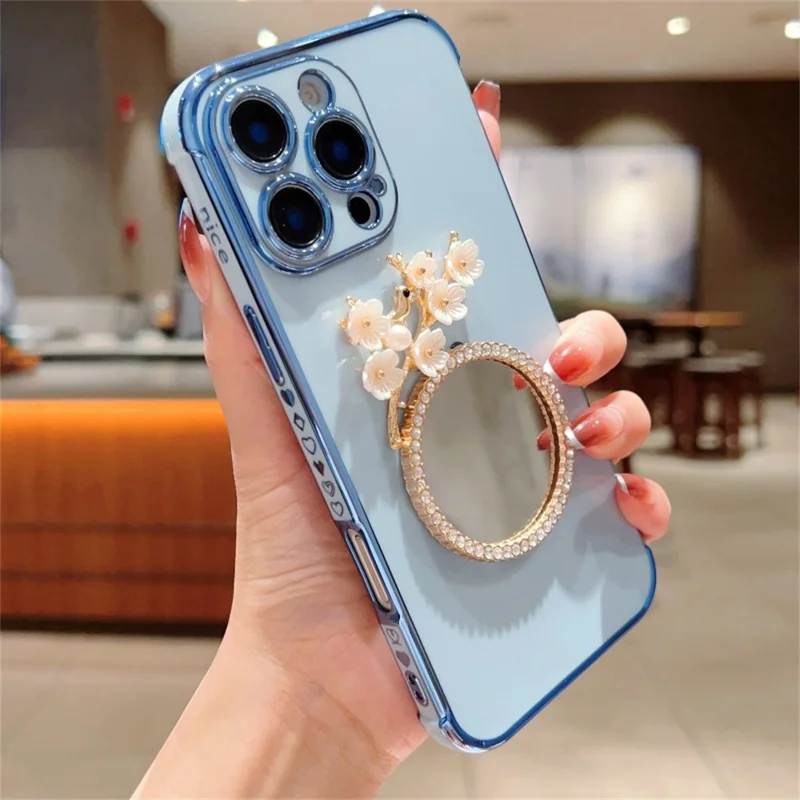 For iPhone 16 Pro Max Case with Plum Blossom Mirror Electroplating Edge Heart Pattern TPU Phone Cover - Blue