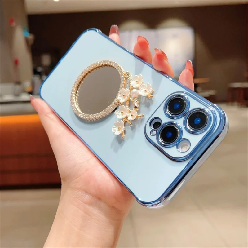 For iPhone 16 Pro Max Case with Plum Blossom Mirror Electroplating Edge Heart Pattern TPU Phone Cover - Blue