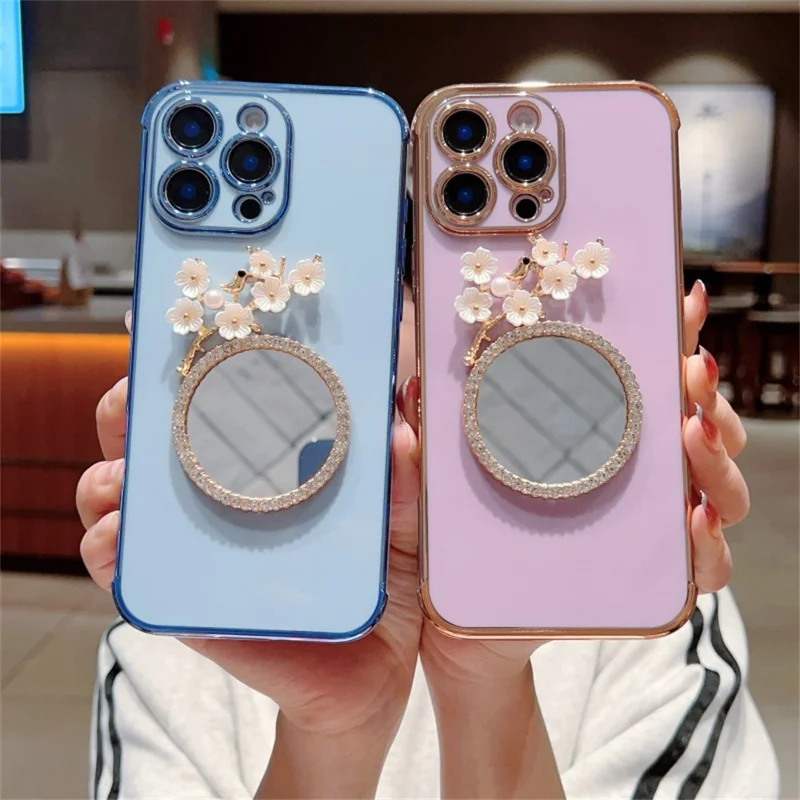 For iPhone 16 Pro Max Case with Plum Blossom Mirror Electroplating Edge Heart Pattern TPU Phone Cover - Blue