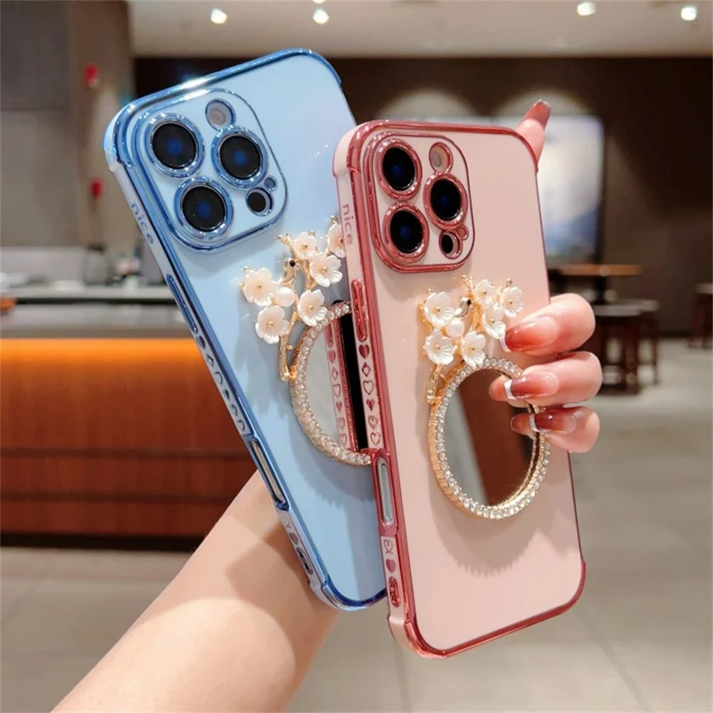 For iPhone 16 Pro Max Case with Plum Blossom Mirror Electroplating Edge Heart Pattern TPU Phone Cover - Blue