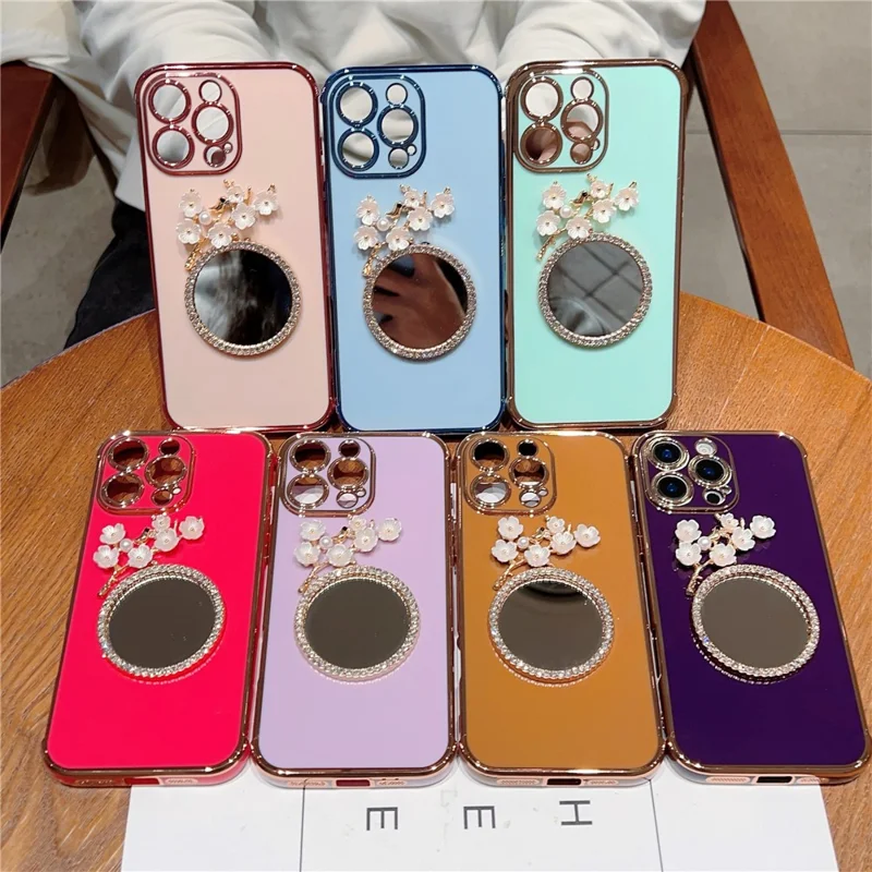 For iPhone 16 Pro Max Case with Plum Blossom Mirror Electroplating Edge Heart Pattern TPU Phone Cover - Blue