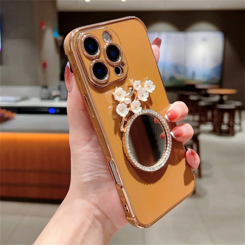 For iPhone 16 Pro Max Case with Plum Blossom Mirror Electroplating Edge Heart Pattern TPU Phone Cover - Desert Gold