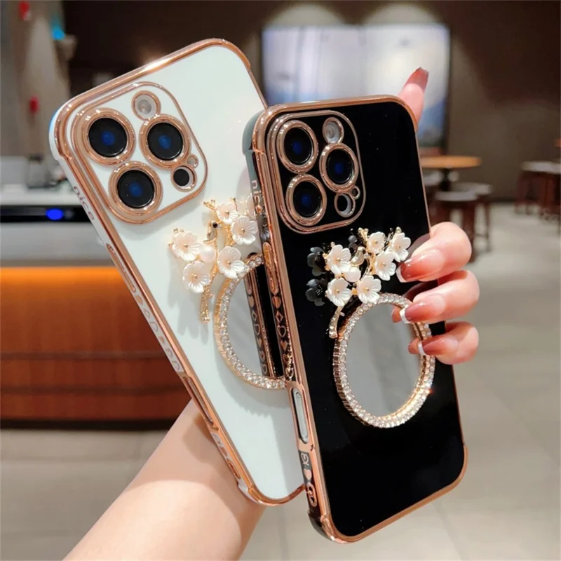 For iPhone 16 Pro Max Case with Plum Blossom Mirror Electroplating Edge Heart Pattern TPU Phone Cover - Desert Gold