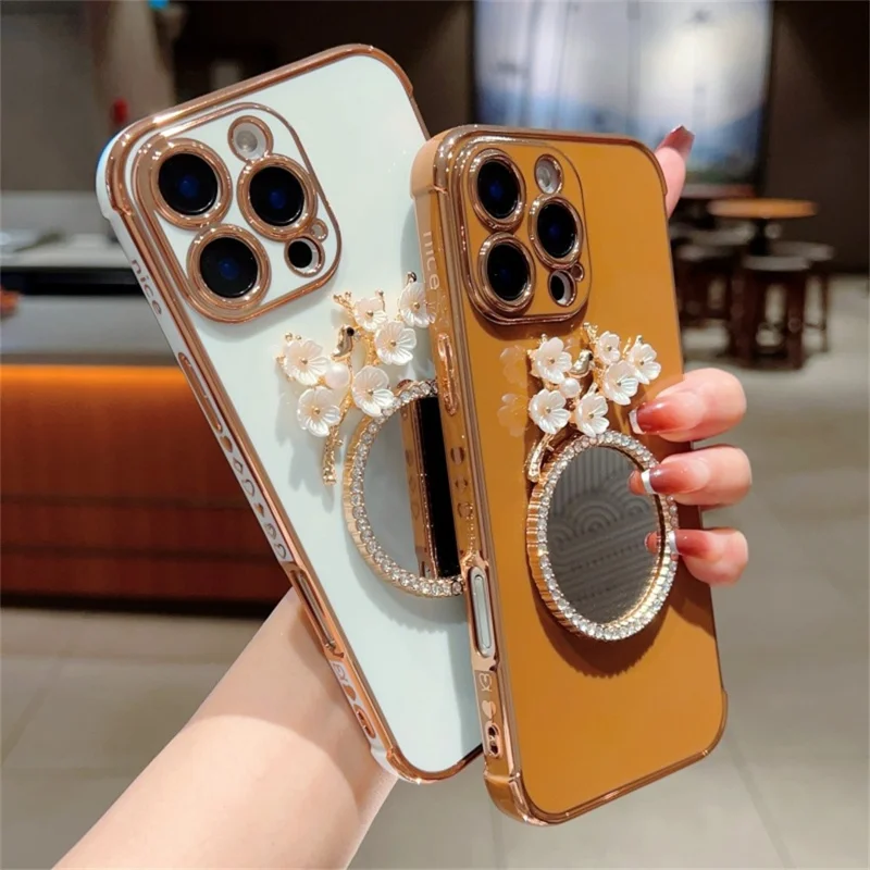 For iPhone 16 Pro Max Case with Plum Blossom Mirror Electroplating Edge Heart Pattern TPU Phone Cover - Desert Gold