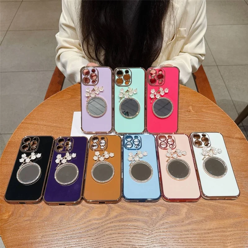 For iPhone 16 Pro Max Case with Plum Blossom Mirror Electroplating Edge Heart Pattern TPU Phone Cover - Desert Gold
