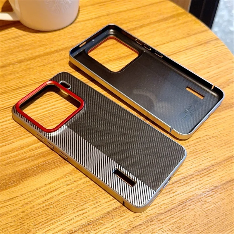 Funda de estilo cámara para Xiaomi 15 Pro con textura de fibra de carbono, cuero y PC