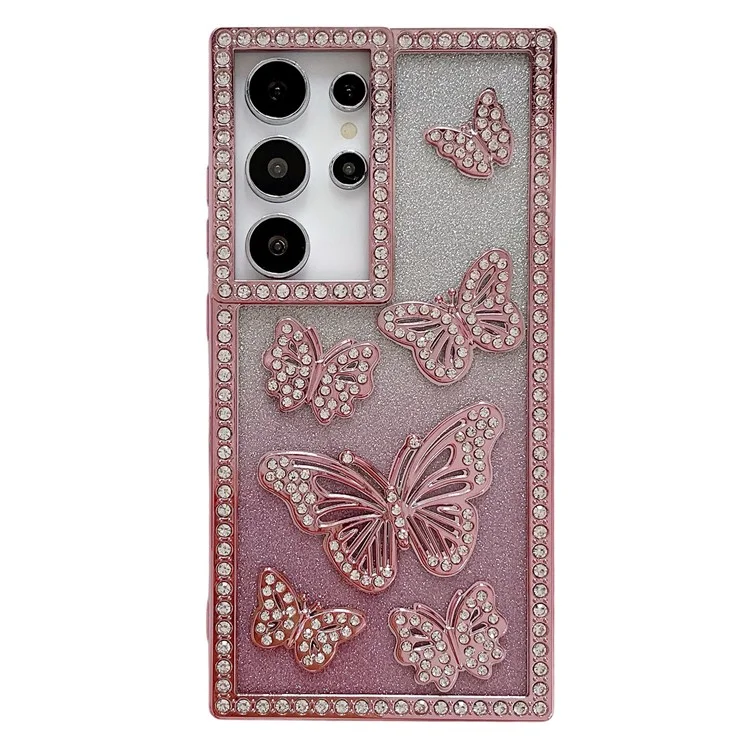 For Samsung Galaxy S25 Ultra Case Rhinestone Butterfly Decor TPU Phone Back Cover - Pink