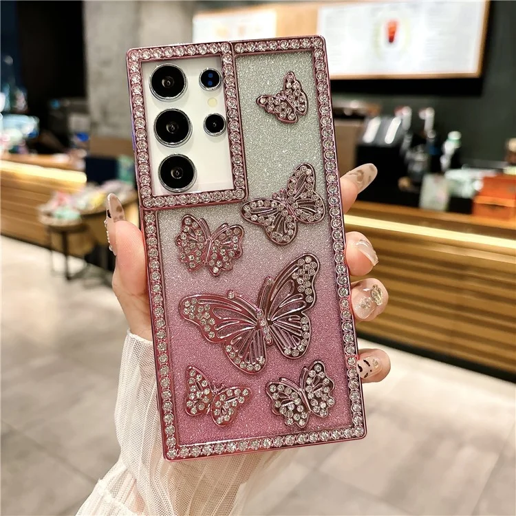 For Samsung Galaxy S25 Ultra Case Rhinestone Butterfly Decor TPU Phone Back Cover - Pink