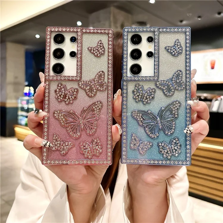 For Samsung Galaxy S25 Ultra Case Rhinestone Butterfly Decor TPU Phone Back Cover - Pink