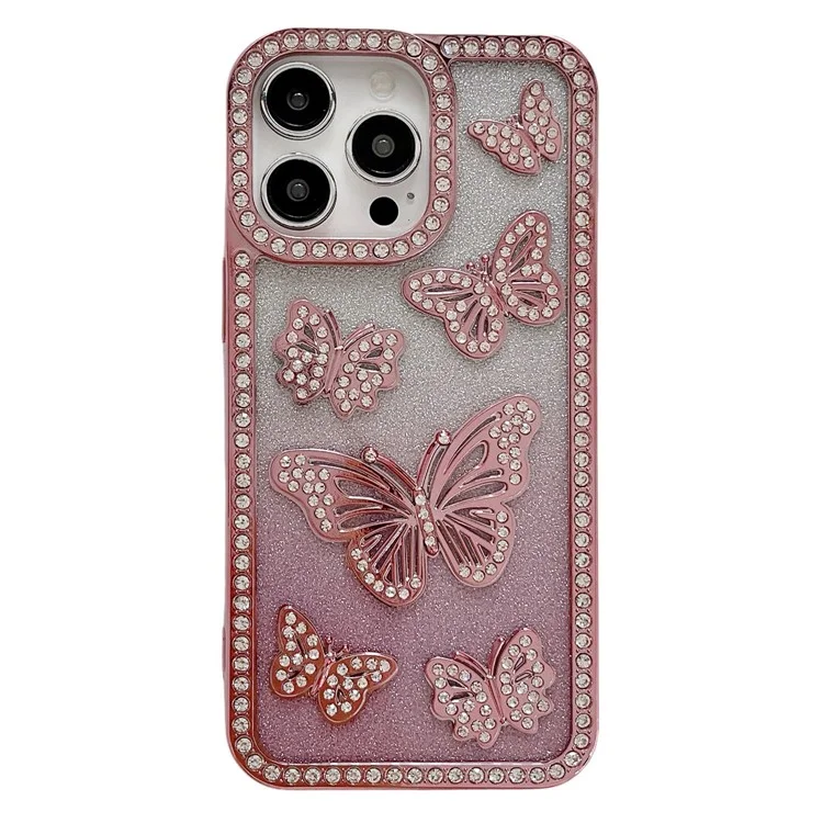 For iPhone 16 Pro Case Rhinestone Butterfly Decor TPU Phone Back Cover - Pink