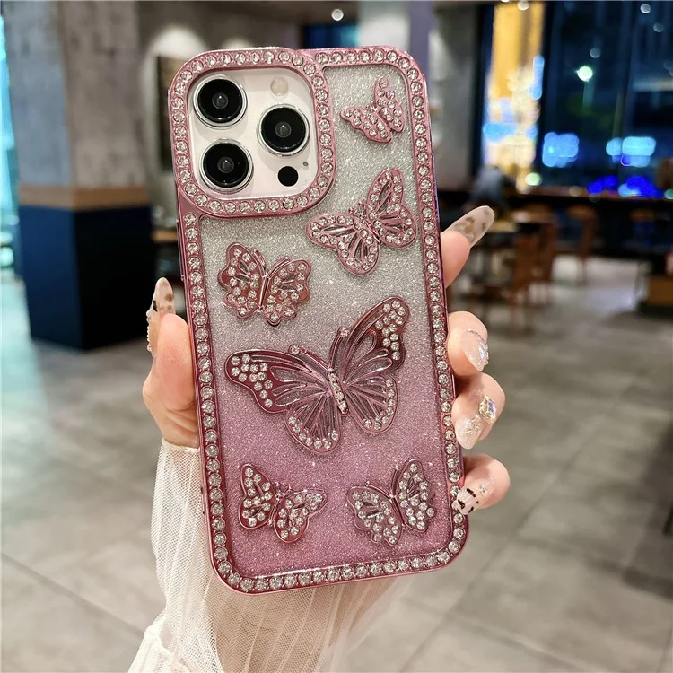 For iPhone 16 Pro Case Rhinestone Butterfly Decor TPU Phone Back Cover - Pink