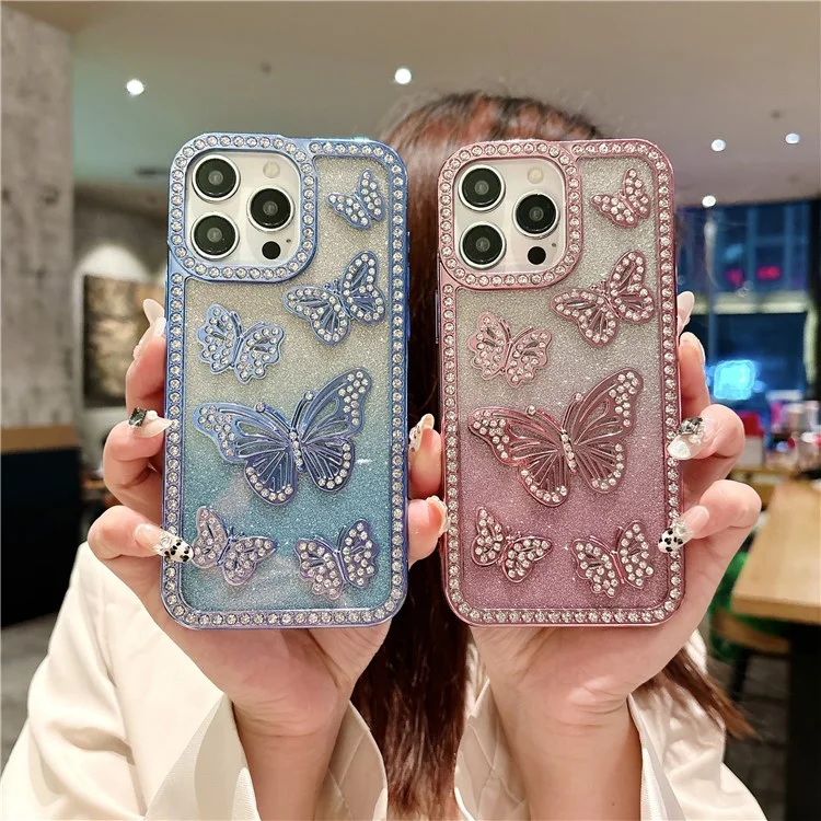 For iPhone 16 Pro Case Rhinestone Butterfly Decor TPU Phone Back Cover - Pink