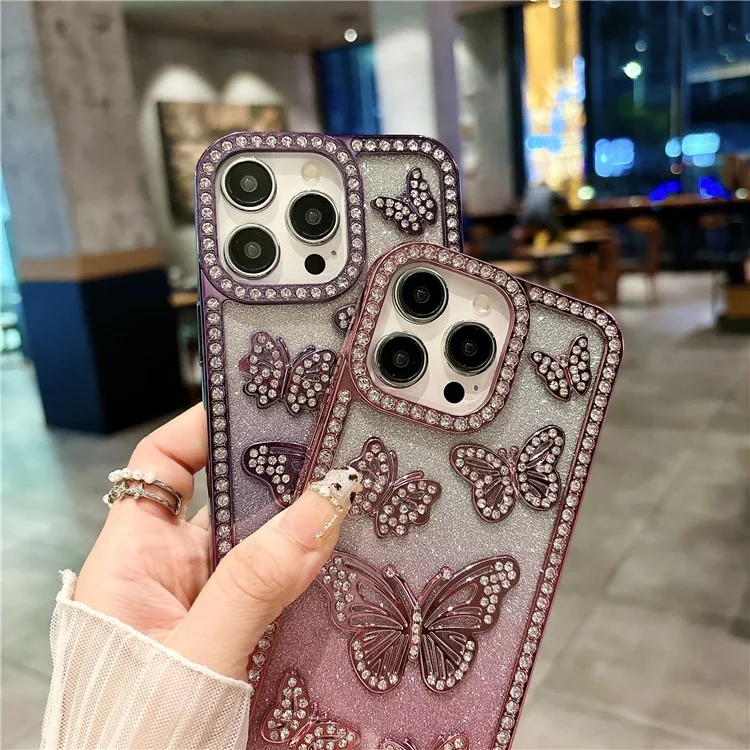 For iPhone 16 Pro Case Rhinestone Butterfly Decor TPU Phone Back Cover - Pink