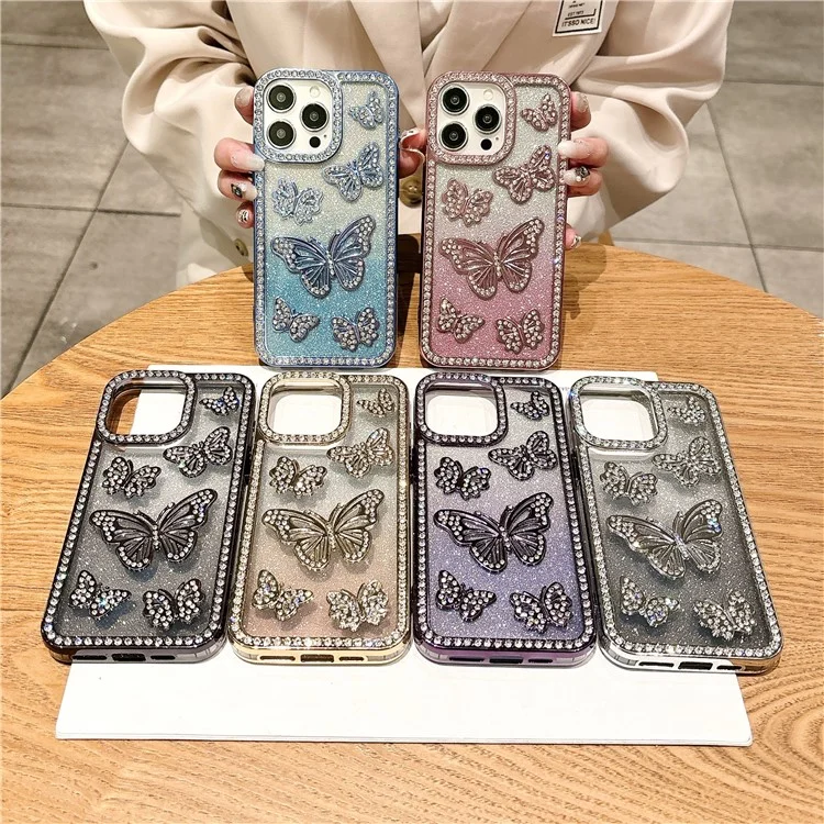 For iPhone 16 Pro Case Rhinestone Butterfly Decor TPU Phone Back Cover - Pink