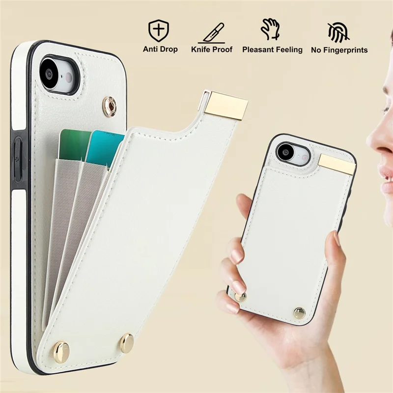 For iPhone 17e / 16e Case TPU + PU Leather Hardware Decor Phone Cover with Card Holder - White