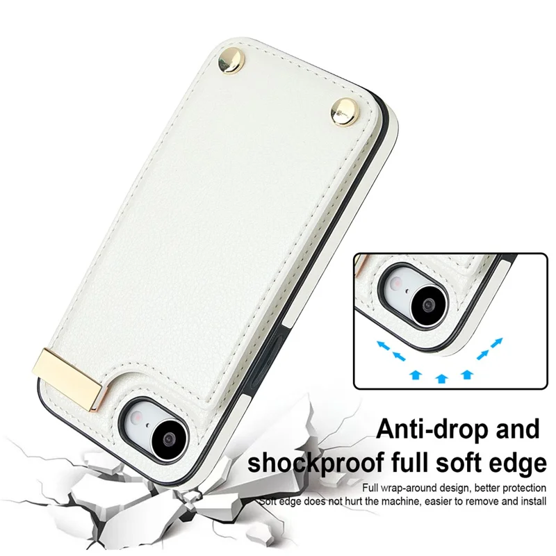For iPhone 17e / 16e Case TPU + PU Leather Hardware Decor Phone Cover with Card Holder - White