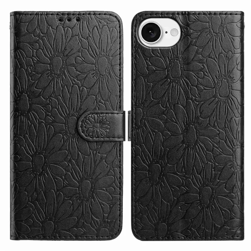 For iPhone 16e Leather Case Daisy Imprint Wallet Stand Phone Protective Cover - Black