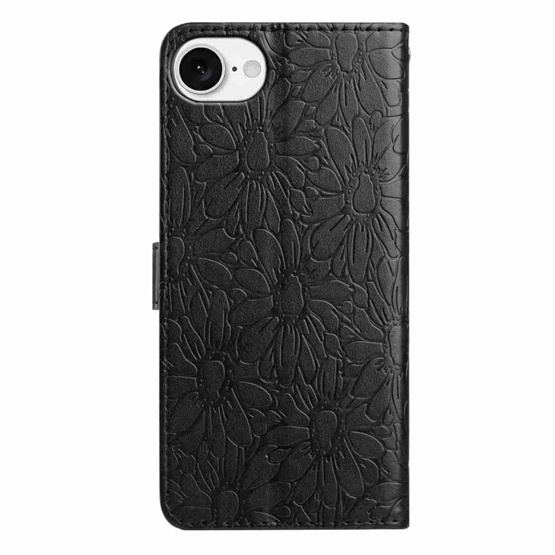 For iPhone 16e Leather Case Daisy Imprint Wallet Stand Phone Protective Cover - Black