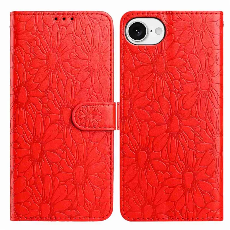 For iPhone 17e / 16e Leather Case Daisy Imprint Wallet Stand Phone Protective Cover - Red