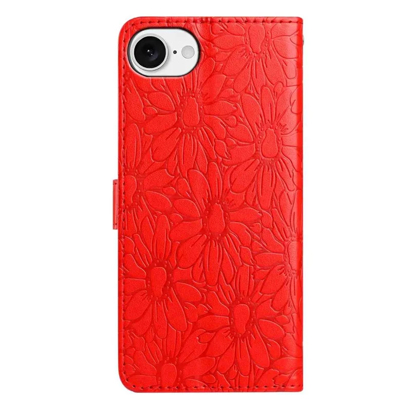 For iPhone 17e / 16e Leather Case Daisy Imprint Wallet Stand Phone Protective Cover - Red