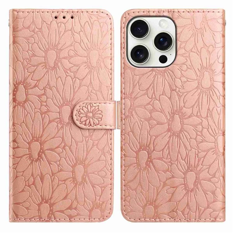 Capa de Couro para iPhone 16 Pro Max com Impressão Floral, Carteira e Suporte - Ouro Rosa