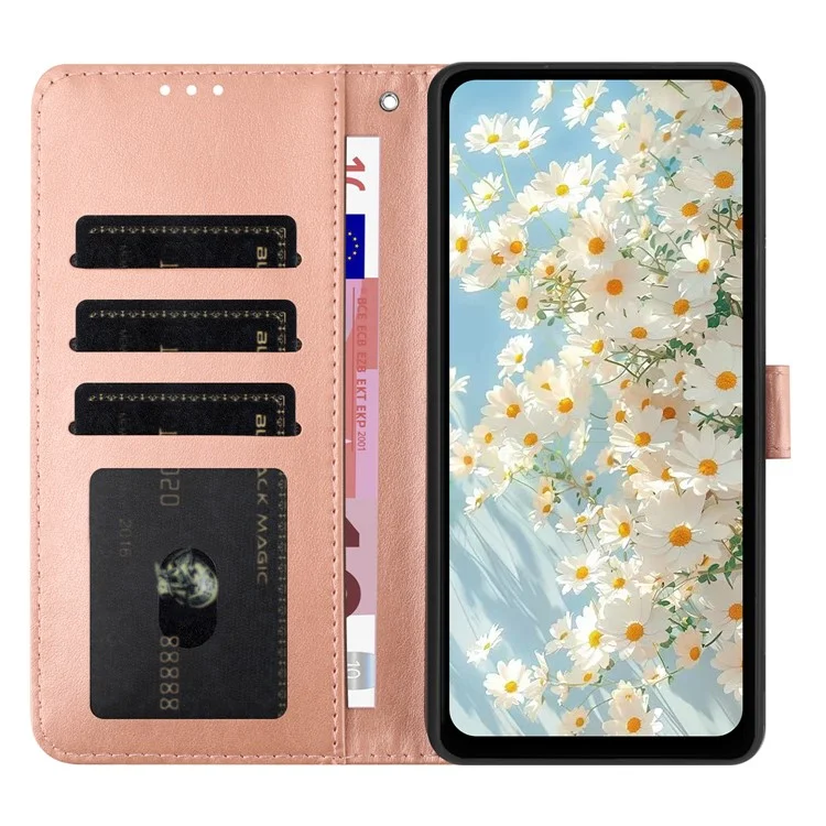 Capa de Couro para iPhone 16 Pro Max com Impressão Floral, Carteira e Suporte - Ouro Rosa