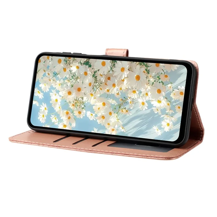 Capa de Couro para iPhone 16 Pro Max com Impressão Floral, Carteira e Suporte - Ouro Rosa