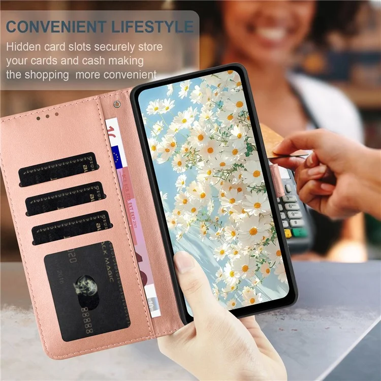 Capa de Couro para iPhone 16 Pro Max com Impressão Floral, Carteira e Suporte - Ouro Rosa