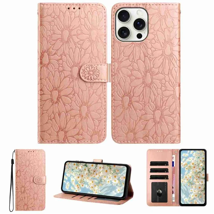 Capa de Couro para iPhone 16 Pro Max com Impressão Floral, Carteira e Suporte - Ouro Rosa