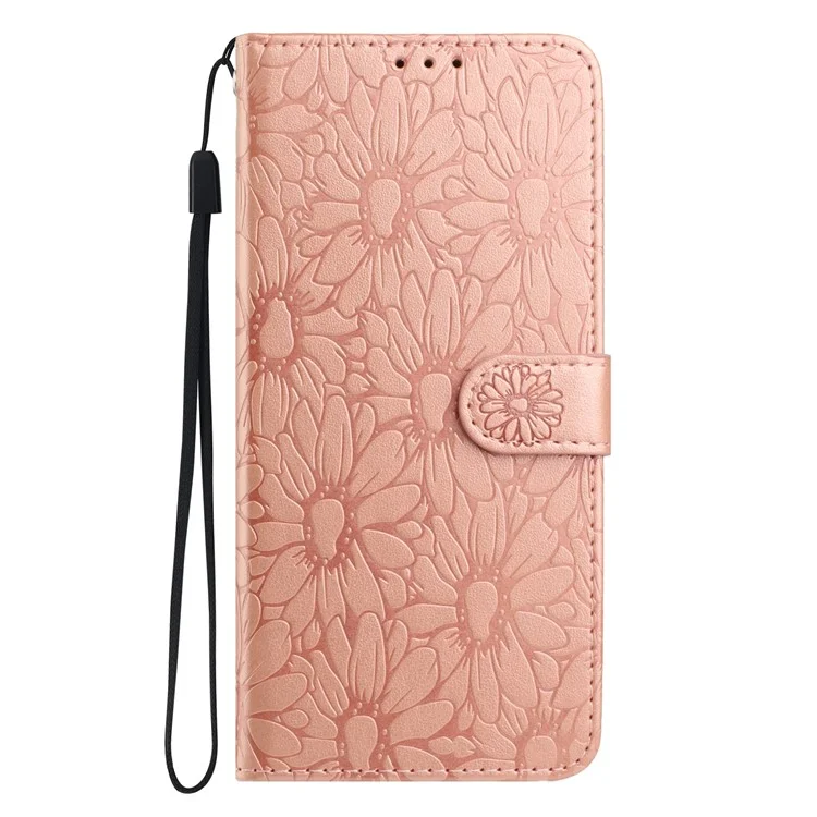 Capa de Couro para iPhone 16 Pro Max com Impressão Floral, Carteira e Suporte - Ouro Rosa