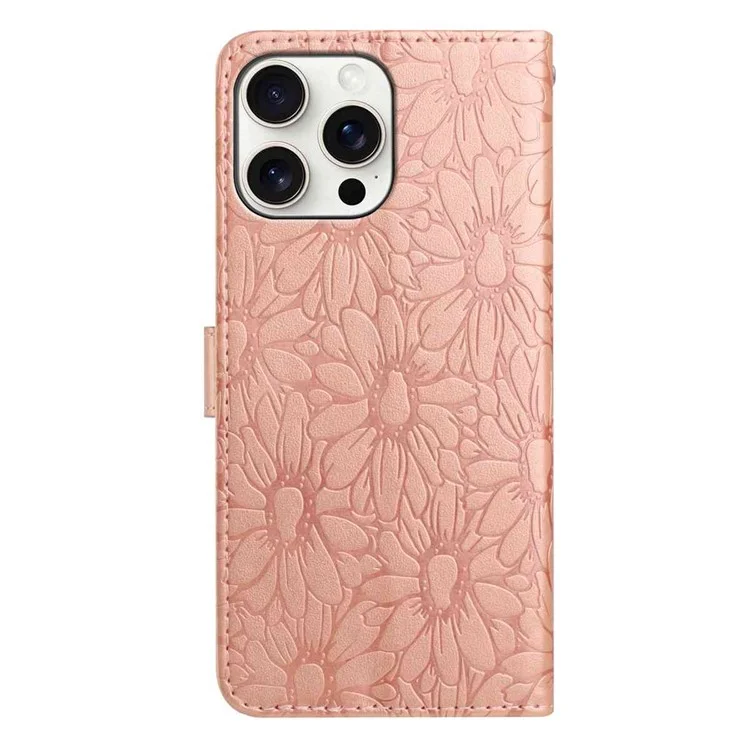 Capa de Couro para iPhone 16 Pro Max com Impressão Floral, Carteira e Suporte - Ouro Rosa