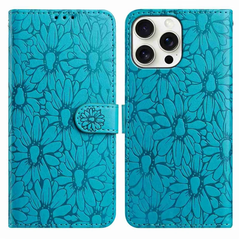 Étui en cuir pour iPhone 16 Pro avec motif Marguerite, Portefeuille et Support de Téléphone, Housse de Protection - Bleu Bébé