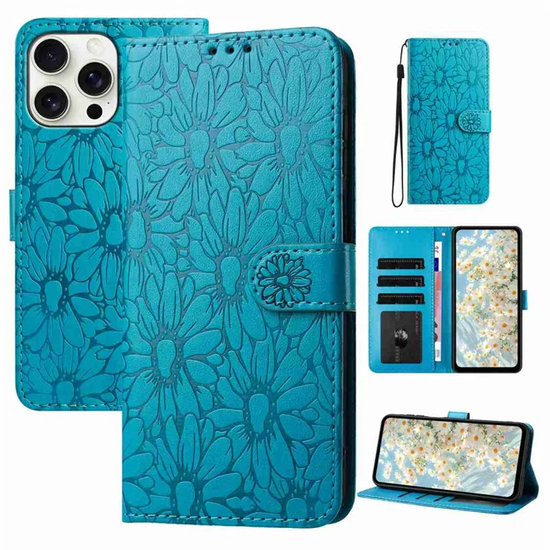 Étui en cuir pour iPhone 16 Pro avec motif Marguerite, Portefeuille et Support de Téléphone, Housse de Protection - Bleu Bébé