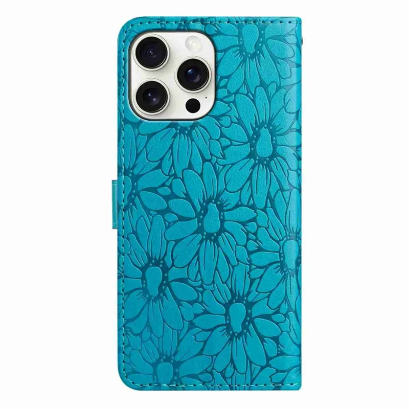Étui en cuir pour iPhone 16 Pro avec motif Marguerite, Portefeuille et Support de Téléphone, Housse de Protection - Bleu Bébé