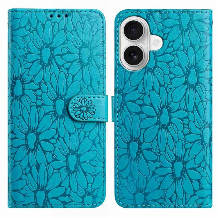 For iPhone 16 Leather Case Daisy Imprint Wallet Stand Phone Protective Cover - Baby Blue