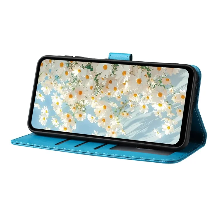 For iPhone 16 Leather Case Daisy Imprint Wallet Stand Phone Protective Cover - Baby Blue