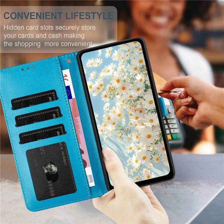 For iPhone 16 Leather Case Daisy Imprint Wallet Stand Phone Protective Cover - Baby Blue
