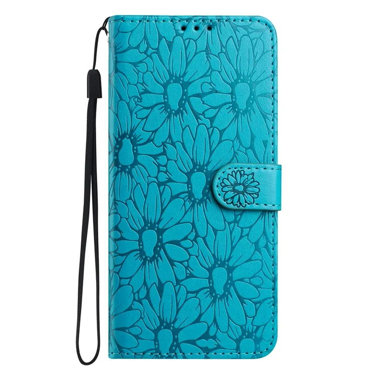 For iPhone 16 Leather Case Daisy Imprint Wallet Stand Phone Protective Cover - Baby Blue